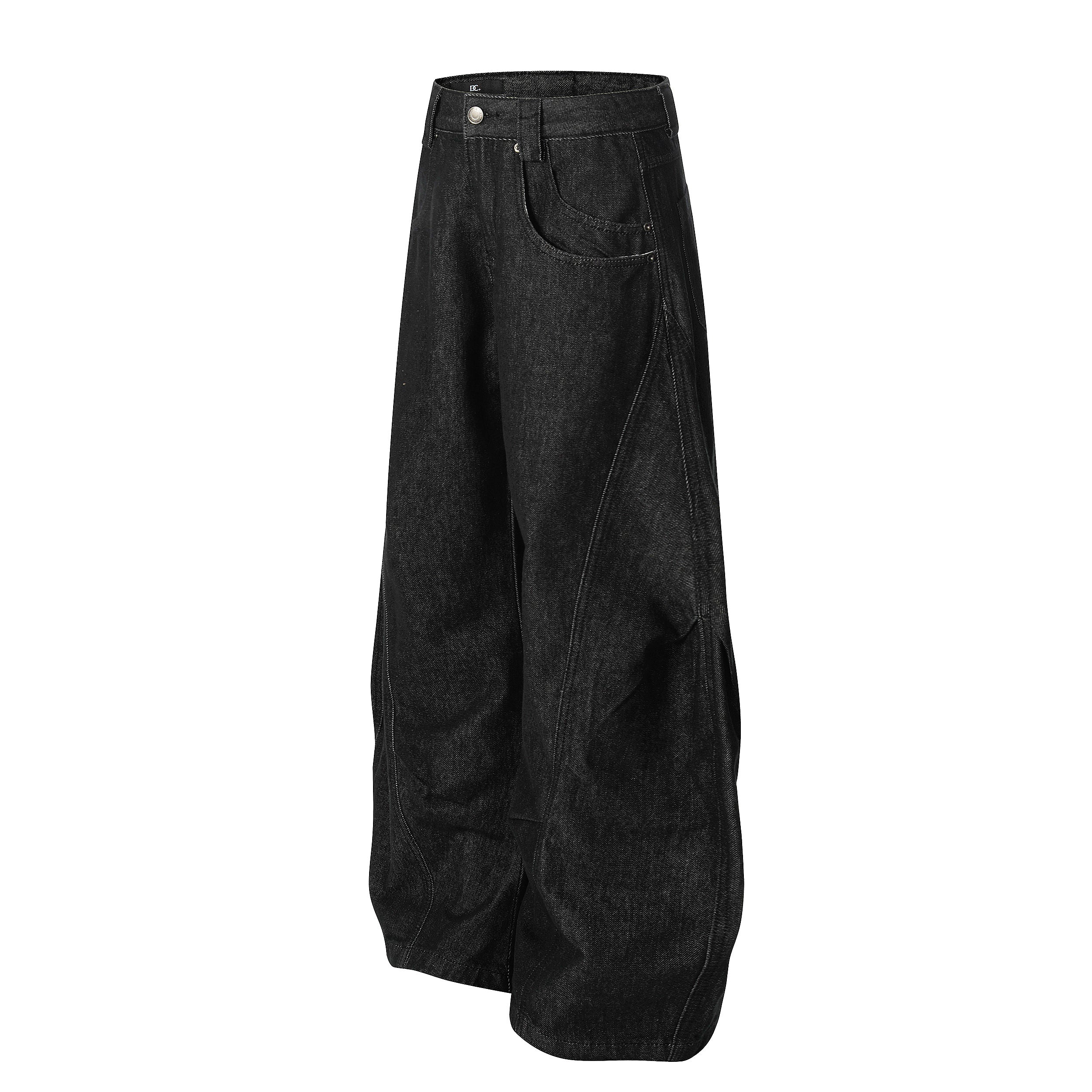 Structured Panel Balloon Wide-Leg Jeans in Black Denim