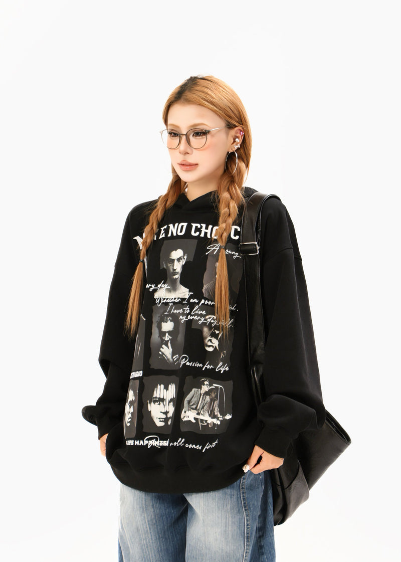 Black collage graphic hoodie worn by model angled slightly to the side