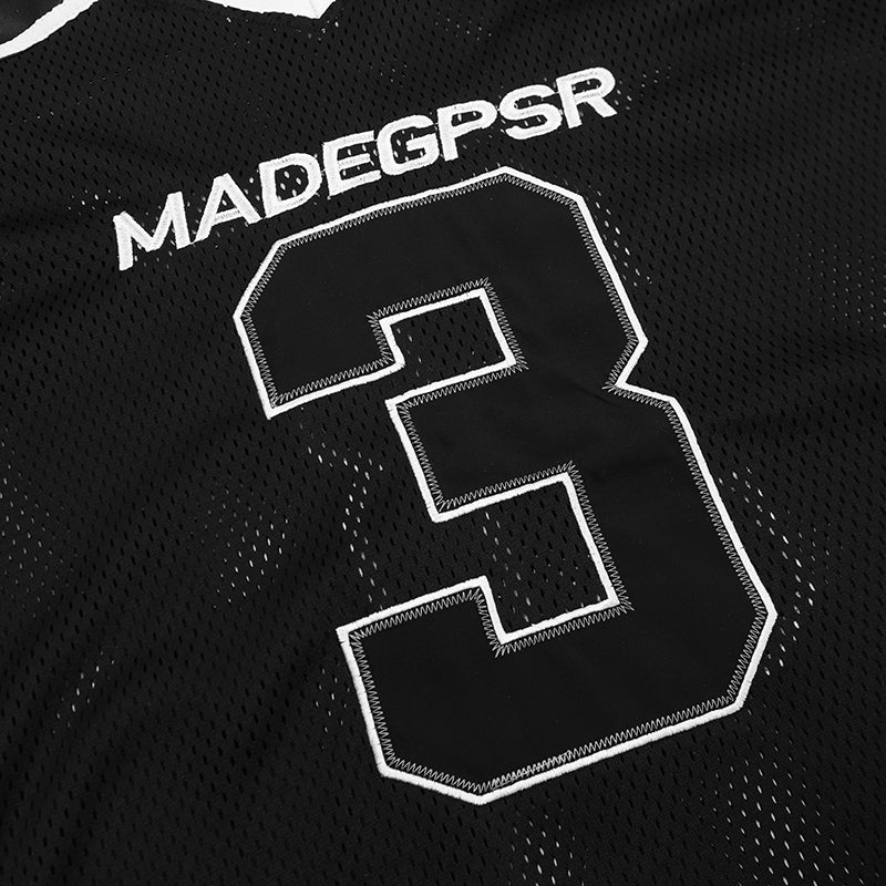 Black mesh football jersey tee with white varsity number 3 and MADEGPSR lettering on the chest