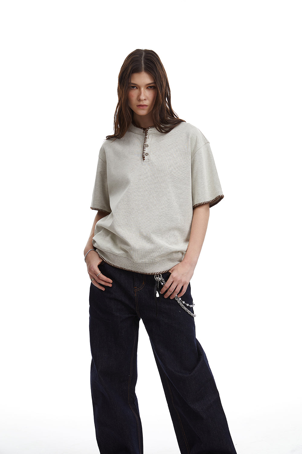 Omirad Contrast Stitch Henley Tee | Relaxed Fit Street Casual
