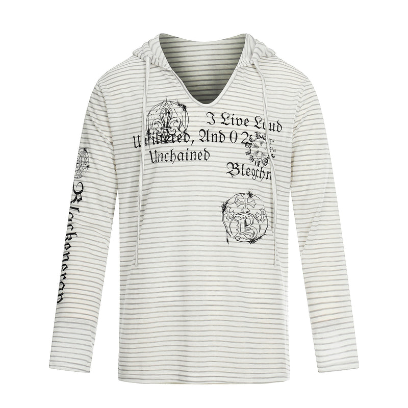 White striped hoodie tee with black gothic graphics, front view