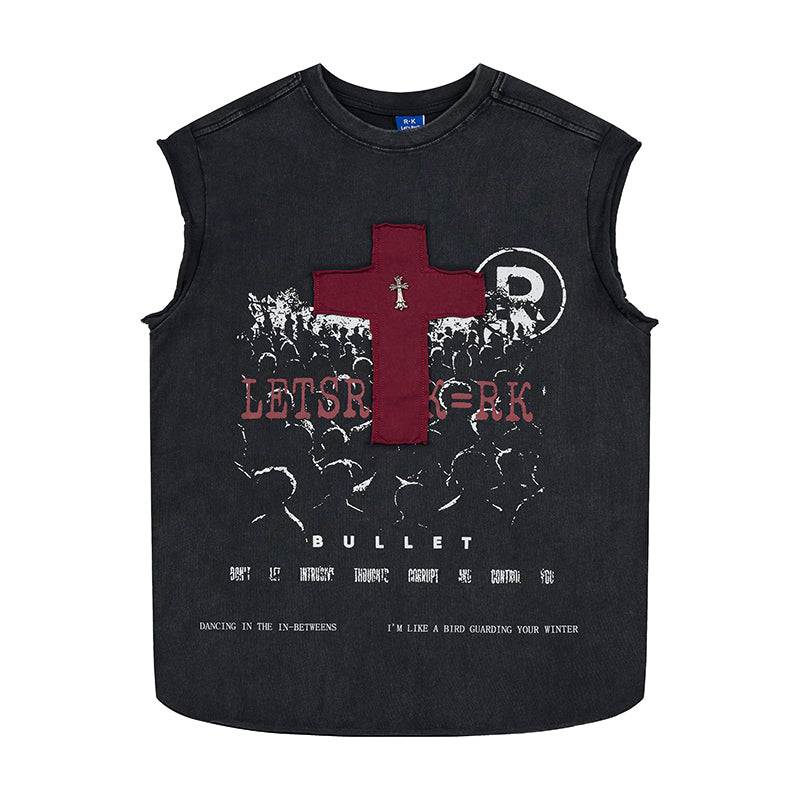 Distressed Cross Sleeveless T-Shirt | Gothic Punk Streetwear