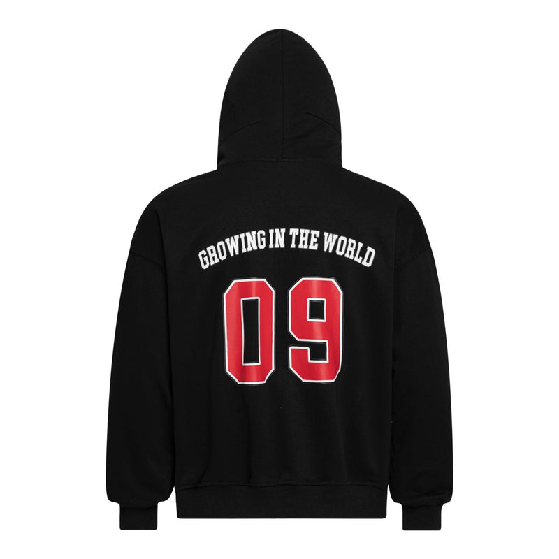 Back view of black zip-up hoodie with large red 09 and arched Growing in the World text