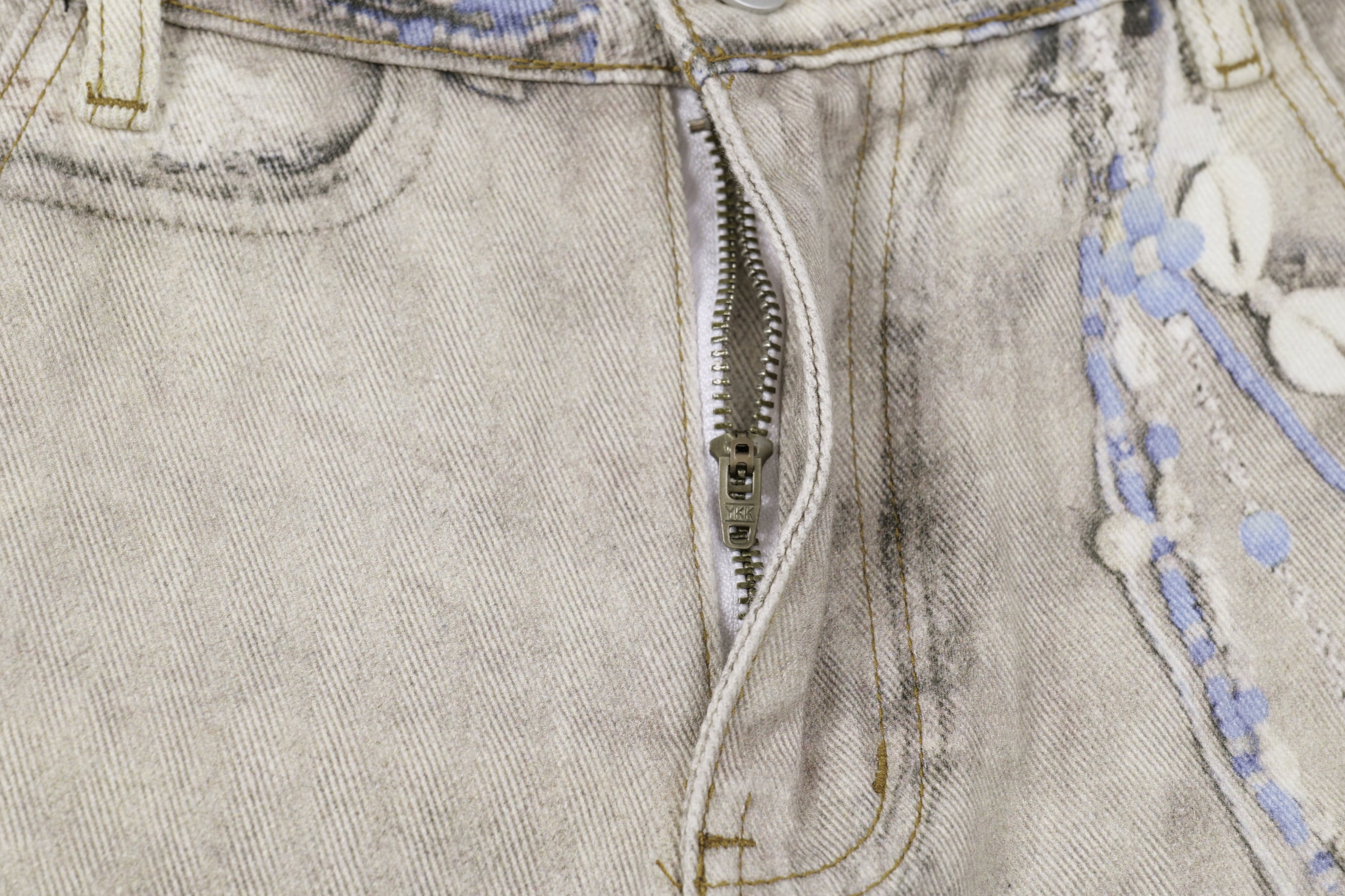 Washed Botanical Print Wide-Leg Jeans | Omirad