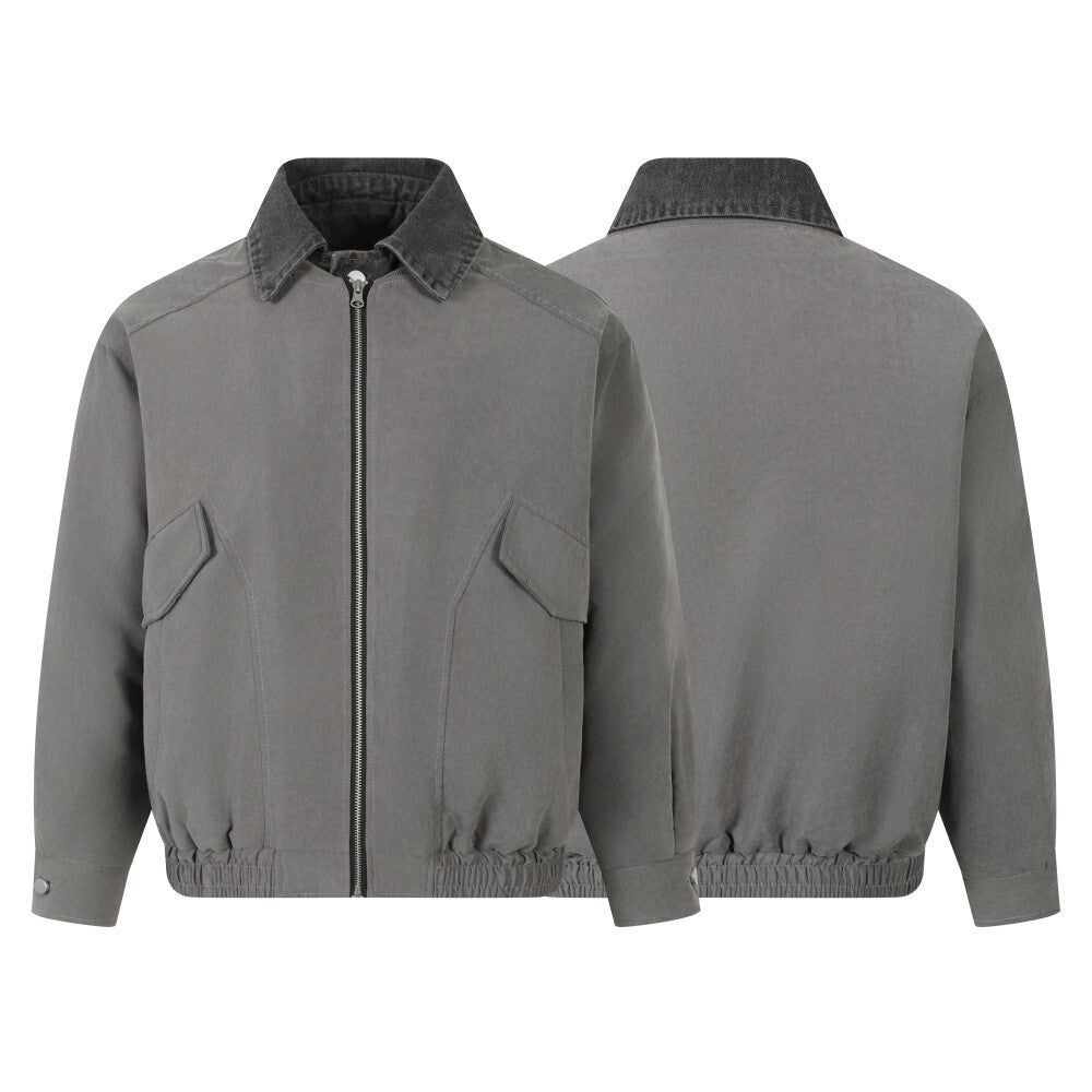 Vintage Contrast-Collar Cotton Bomber Jacket | Washed Gray