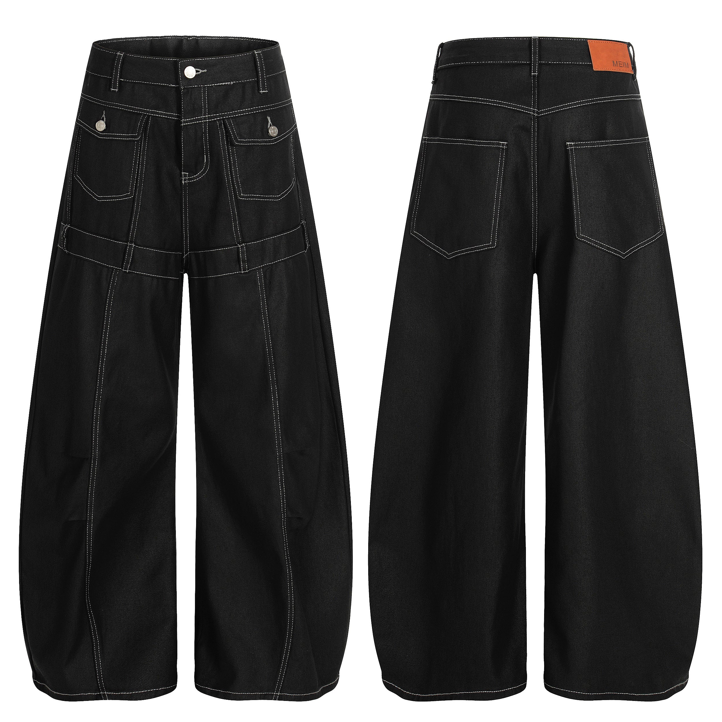Front and back view of black wide barrel-leg denim pants with white contrast stitching and oversized patch pockets