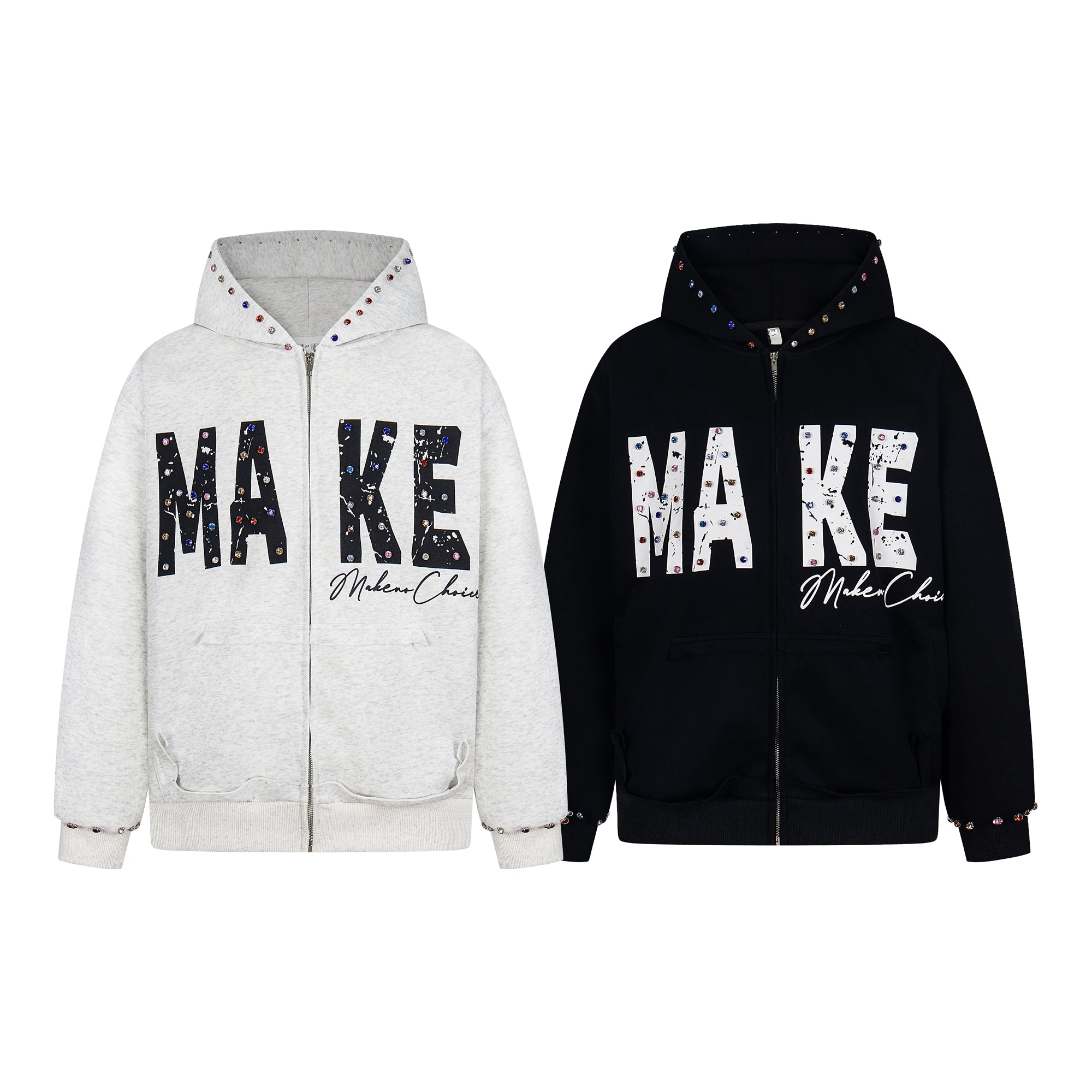 Omirad MAKE studded zip hoodie in heather grey and black, oversized fit with rhinestone embellishments and appliqué lettering