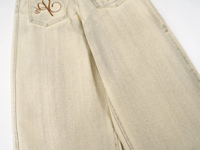 Wide-Leg Embroidered Pocket Denim Pants | Street Luxury