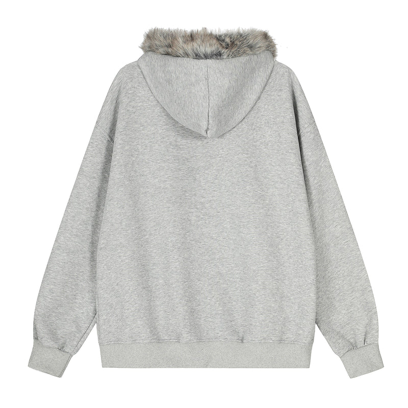 Back view of light gray zip hoodie with faux-fur trimmed hood and plain back