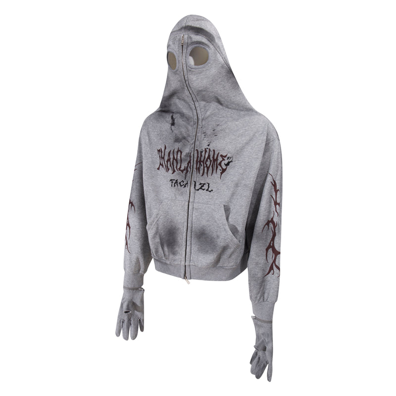 Gray full-zip masked hoodie front view with gothic print and black sleeve graphics