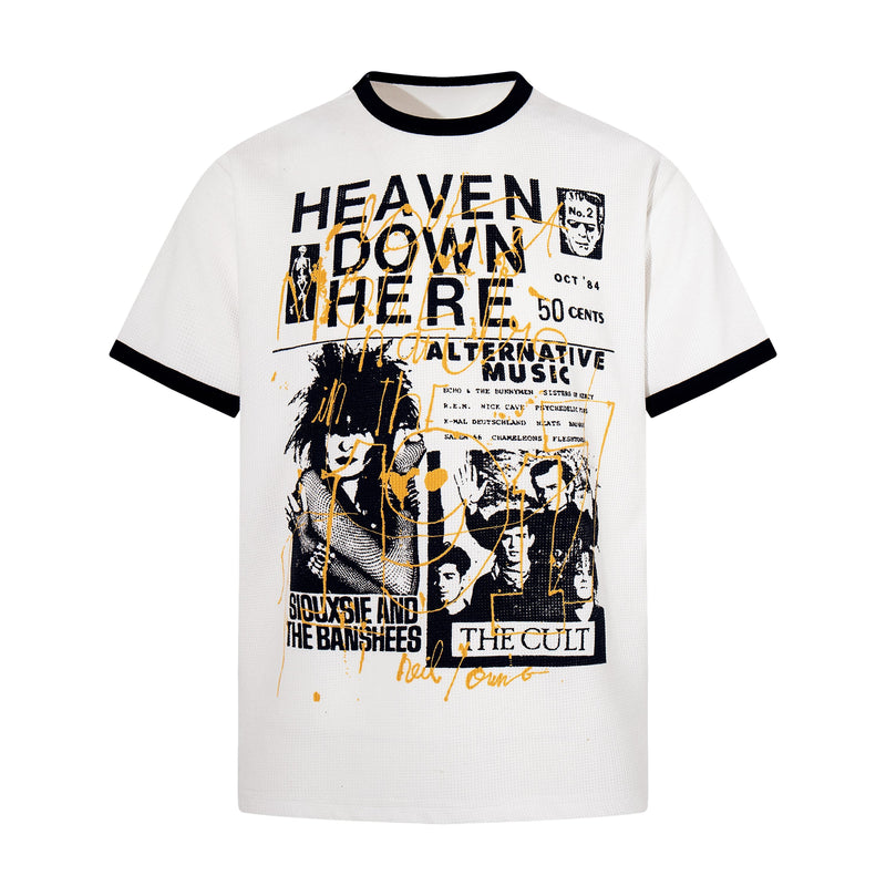 White ringer T-shirt with black trim and vintage alt-music collage graphic, featuring Heaven Down Here text and band names