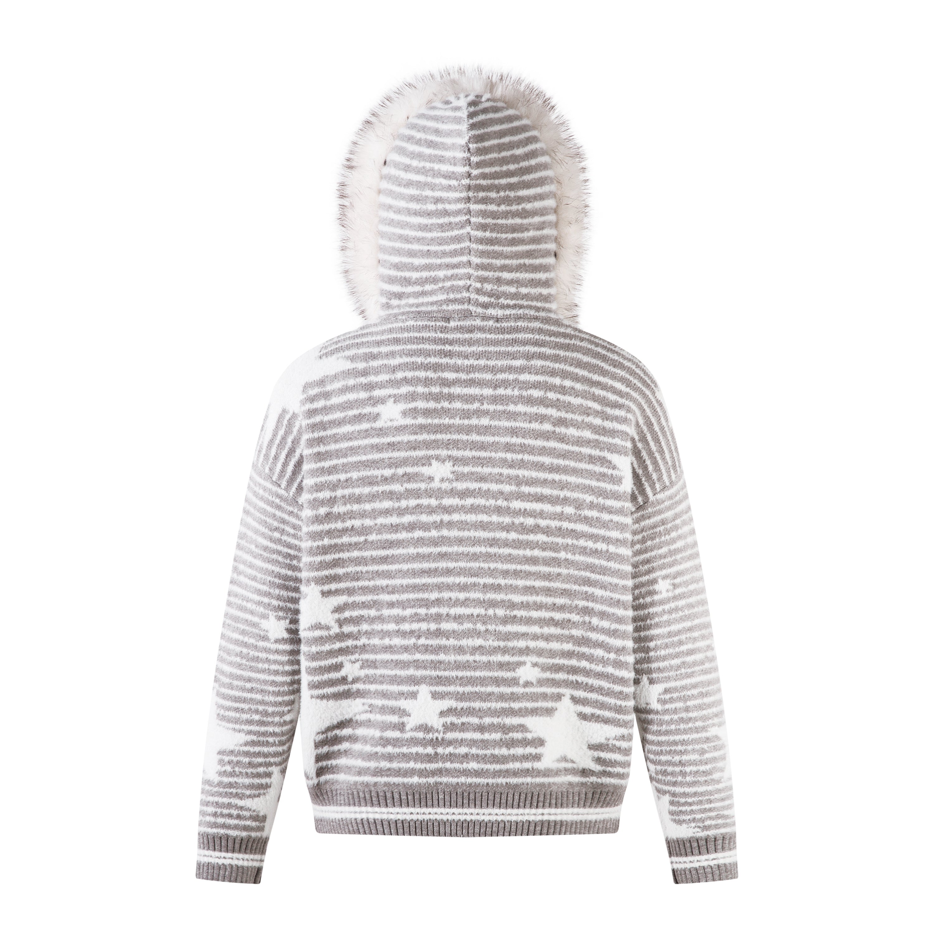Star Knit Faux Fur Trim Hooded Zip Jacket | SEAKOFF