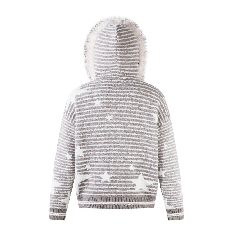 Back view of the gray striped knit hooded zip jacket with faux fur trim