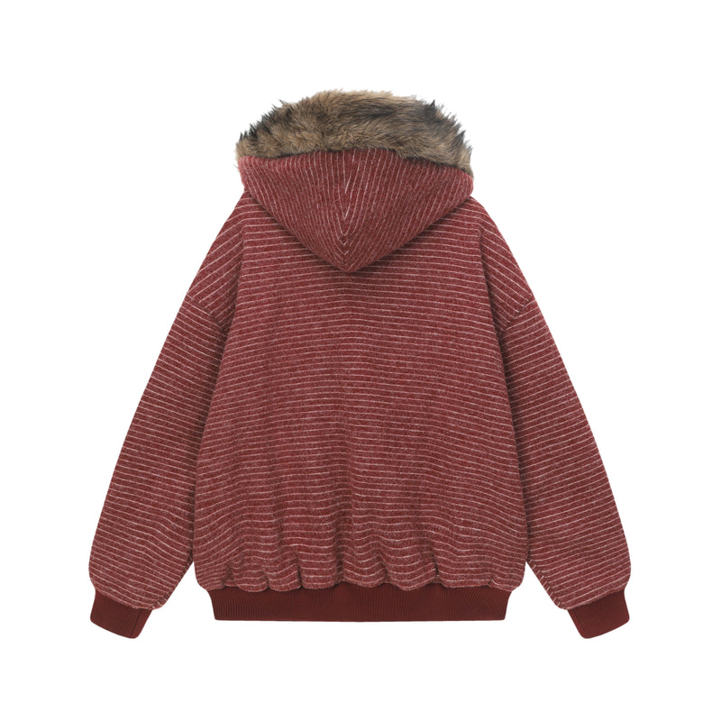 Striped Faux Fur-Lined Zip-Up Hooded Jacket | Omirad