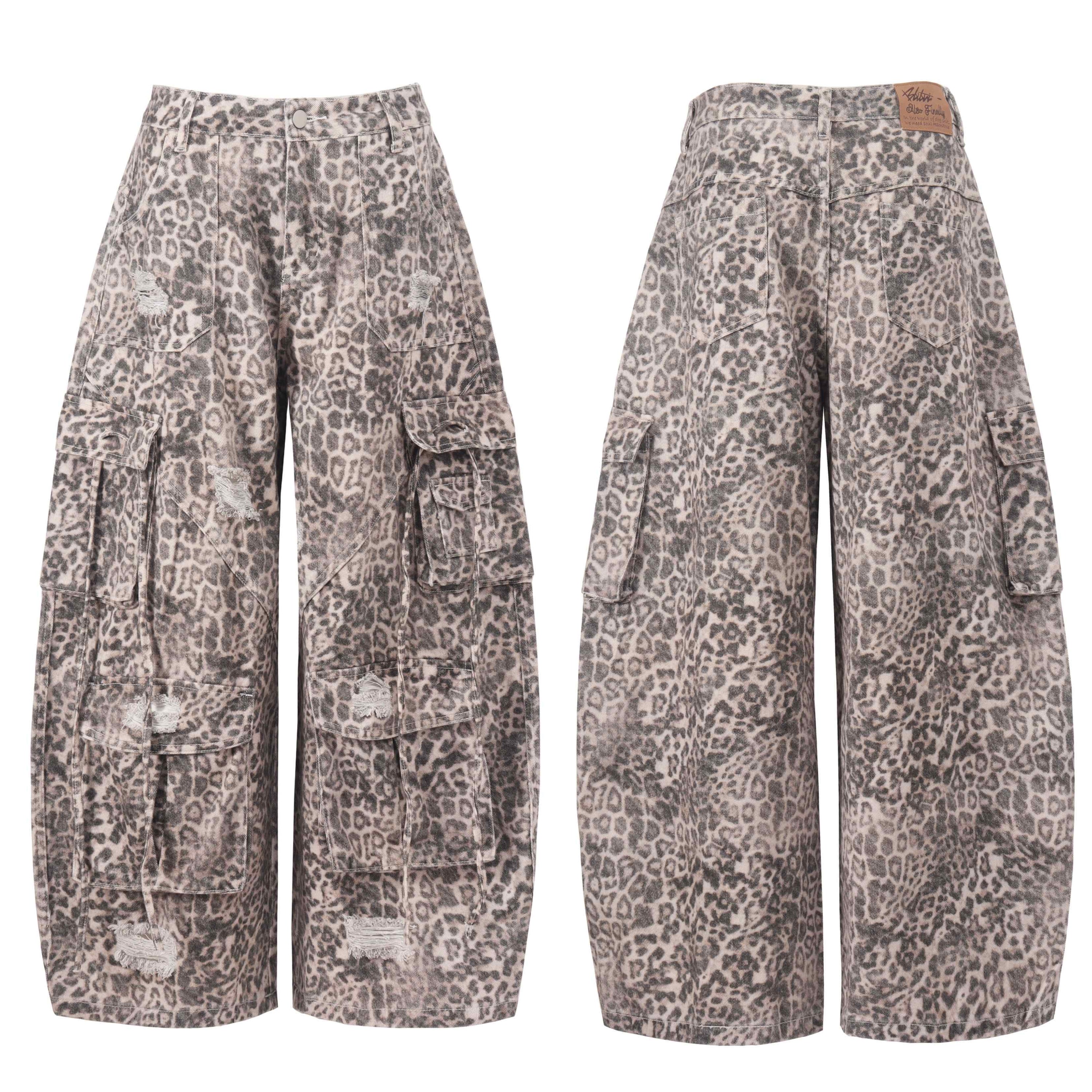 Front and back view of wide-leg leopard print cargo baggy jeans with multi utility flap pockets and distressed detailing