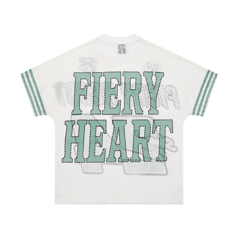 White mesh jersey tee with teal varsity-style Fiery Heart lettering and striped sleeve accents on the back