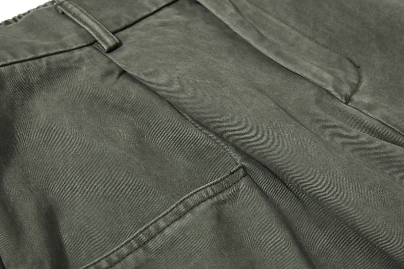 Close-up of olive green side pocket and seam detail on wide-leg pants