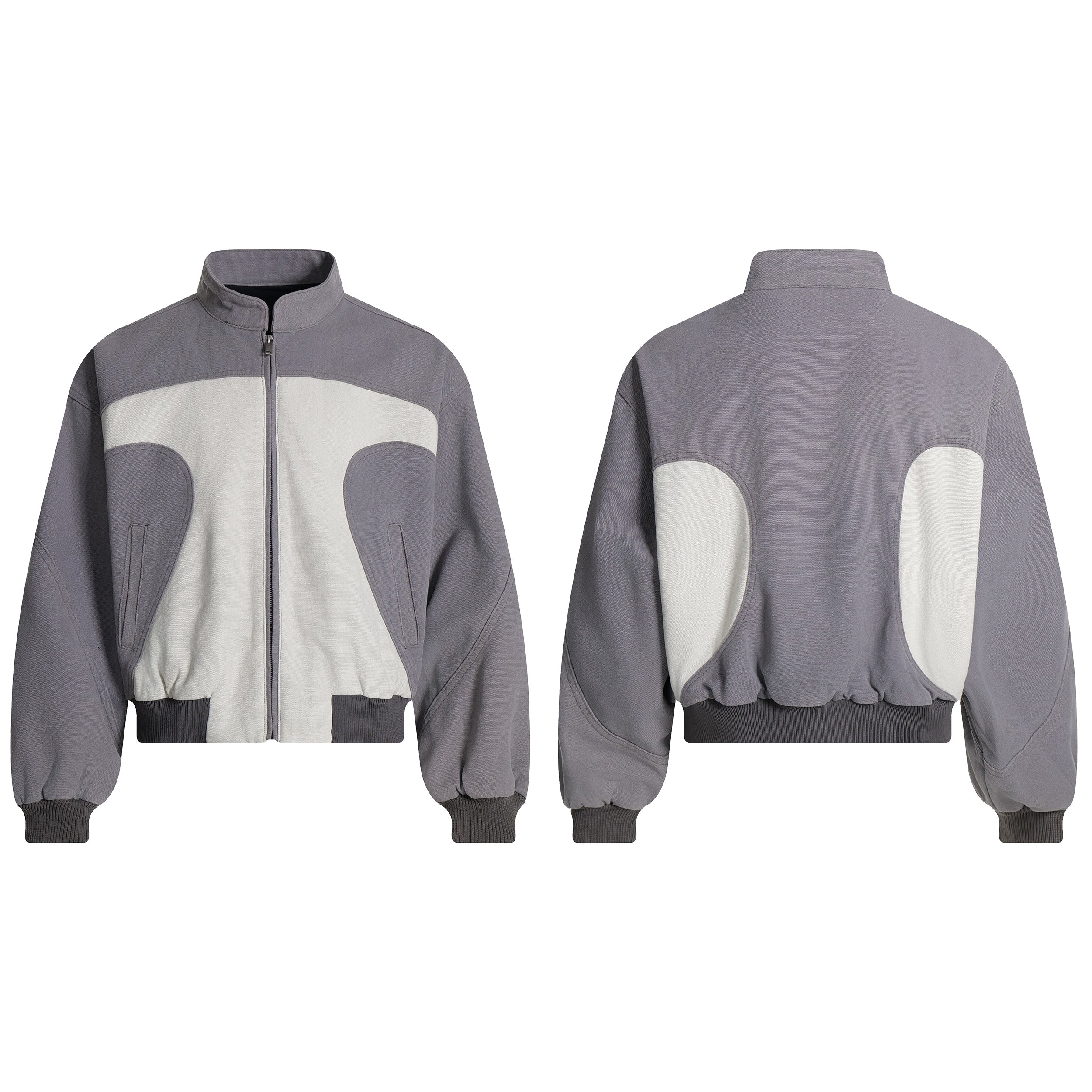 Front and back view of a grey and off-white two-tone curved panel bomber jacket with ribbed cuffs and stand collar
