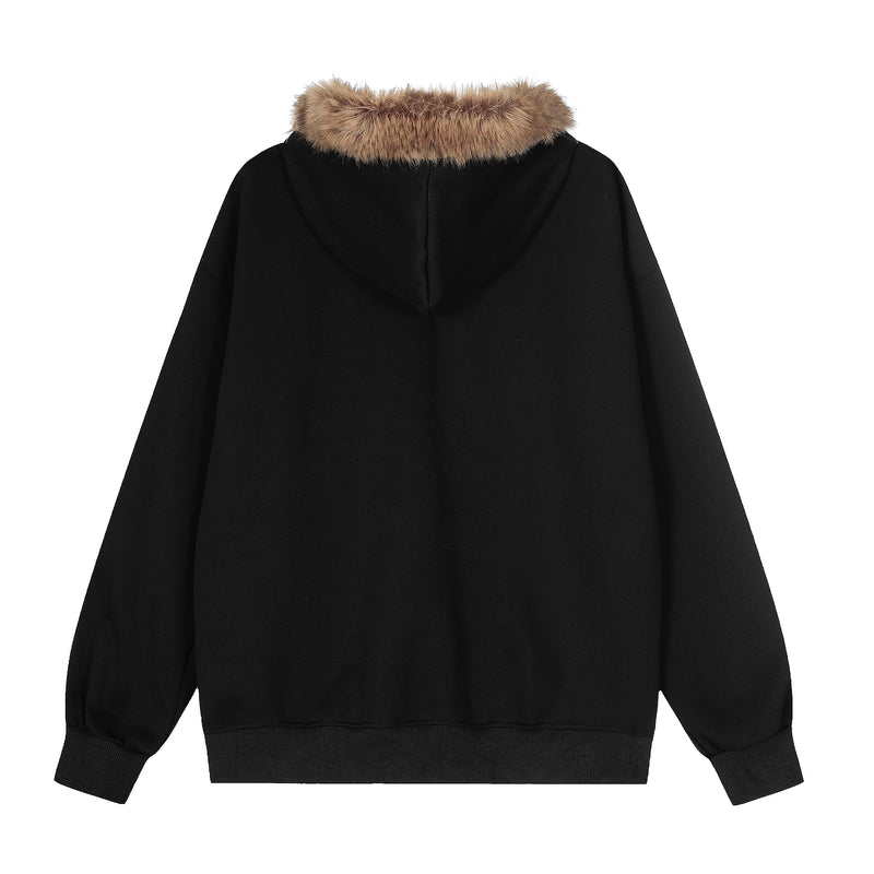 Back view of black hoodie with brown faux-fur trimmed hood and plain back