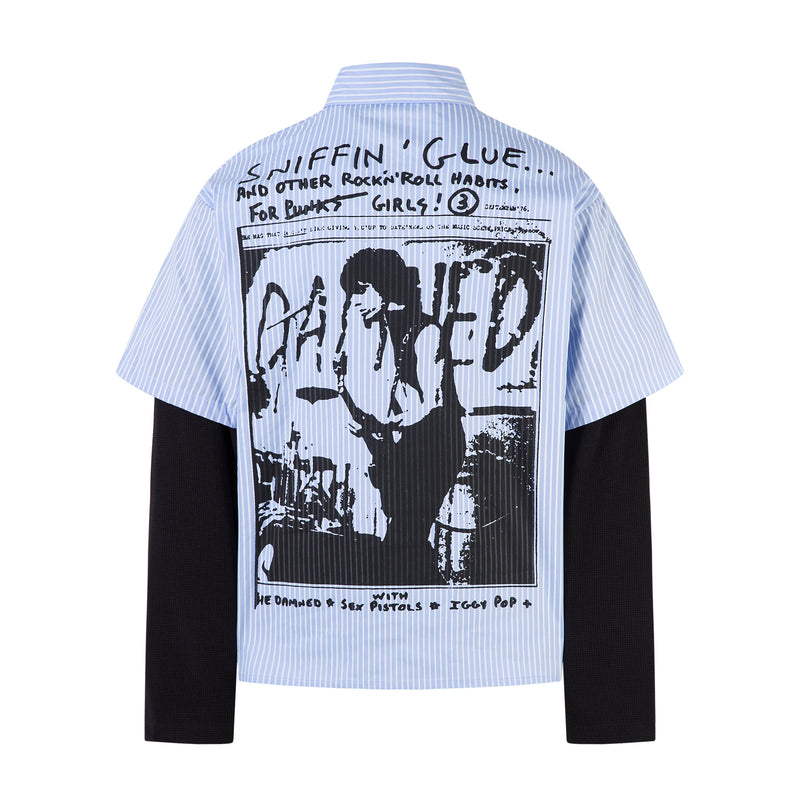 Light blue pinstripe shirt showing the back graphic print with black layered sleeves