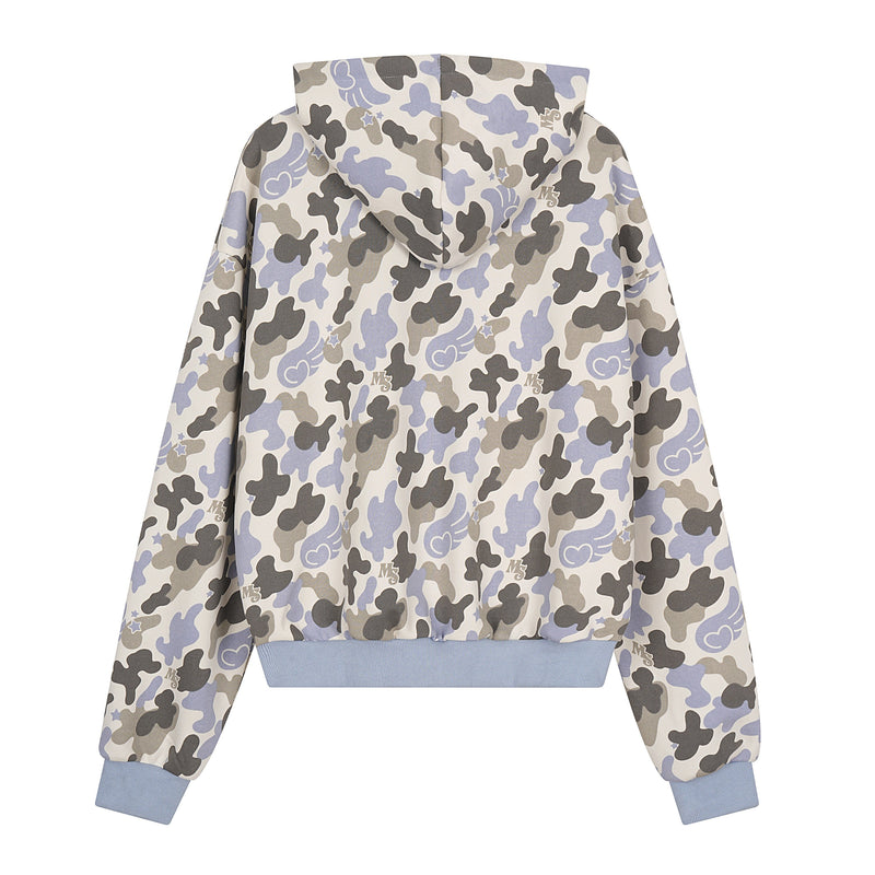 Back view of gray, lavender, and black camo zip-up hoodie with hood