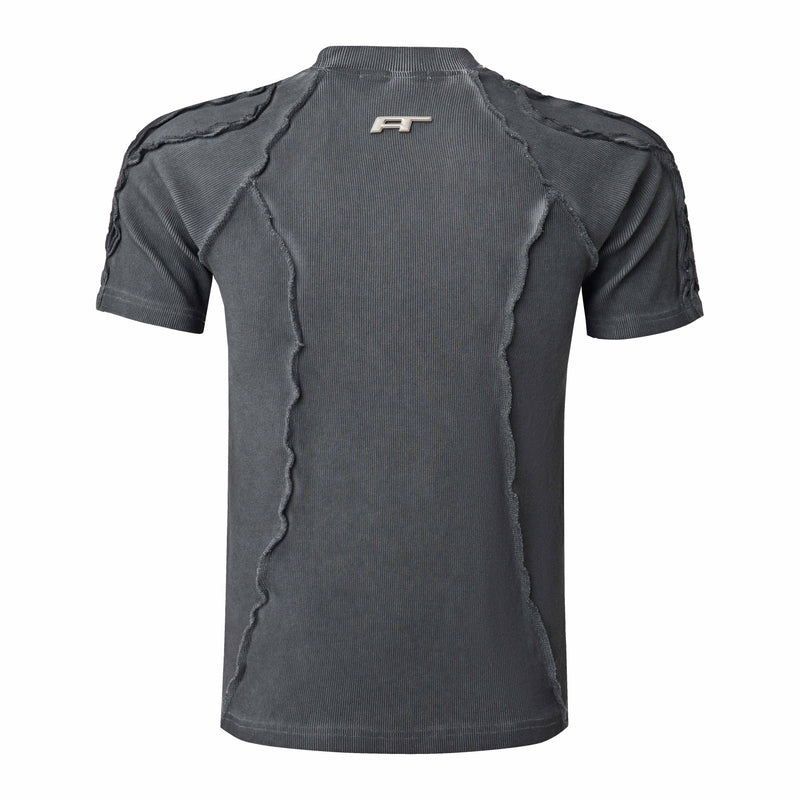 Dark gray ribbed compression tee with raw seam detailing and short sleeves, shown front view with deconstructed streetwear style