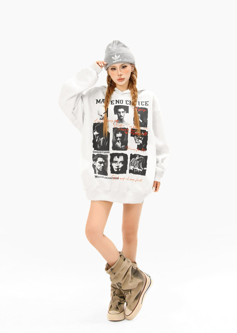 White collage graphic hoodie worn by model standing with one hand on hood