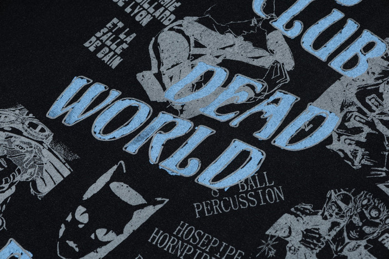 Black vintage comic graphic tee with large blue Dead World text and distressed character illustrations
