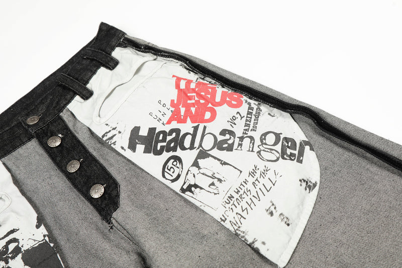 Close-up of front patch pocket with red and black graphic print on white denim panel