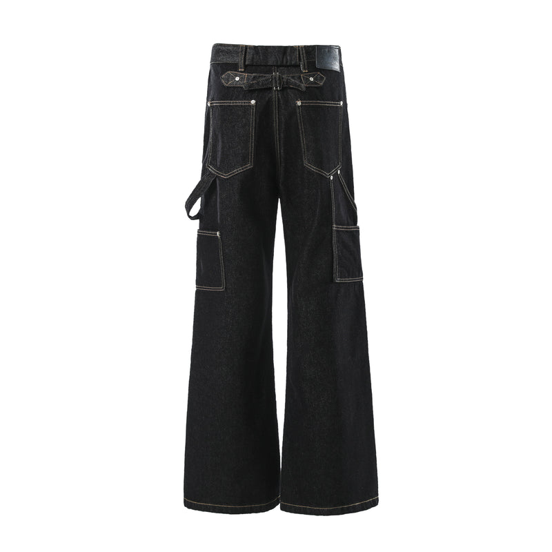 Back view of black cargo denim pants with belt loop strap, patch pockets, and wide legs
