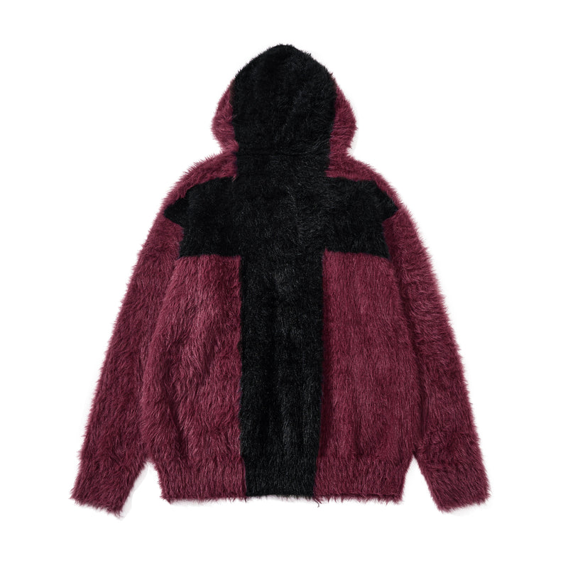 Burgundy and black fuzzy zip hoodie, back view with cross pattern
