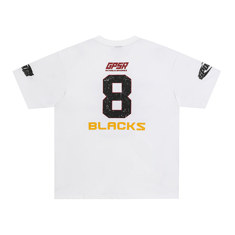 White motorsport graphic tee with large black number 8 and BLACKS print on the back, sporty streetwear style