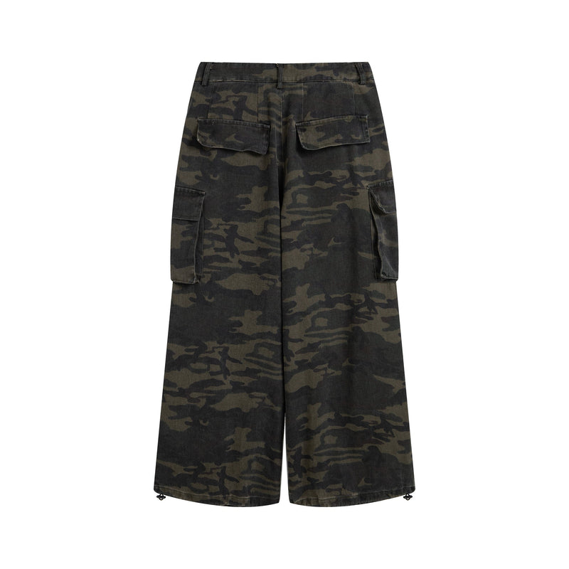 Dark camo cargo pants with back flap pockets and wide legs, rear view