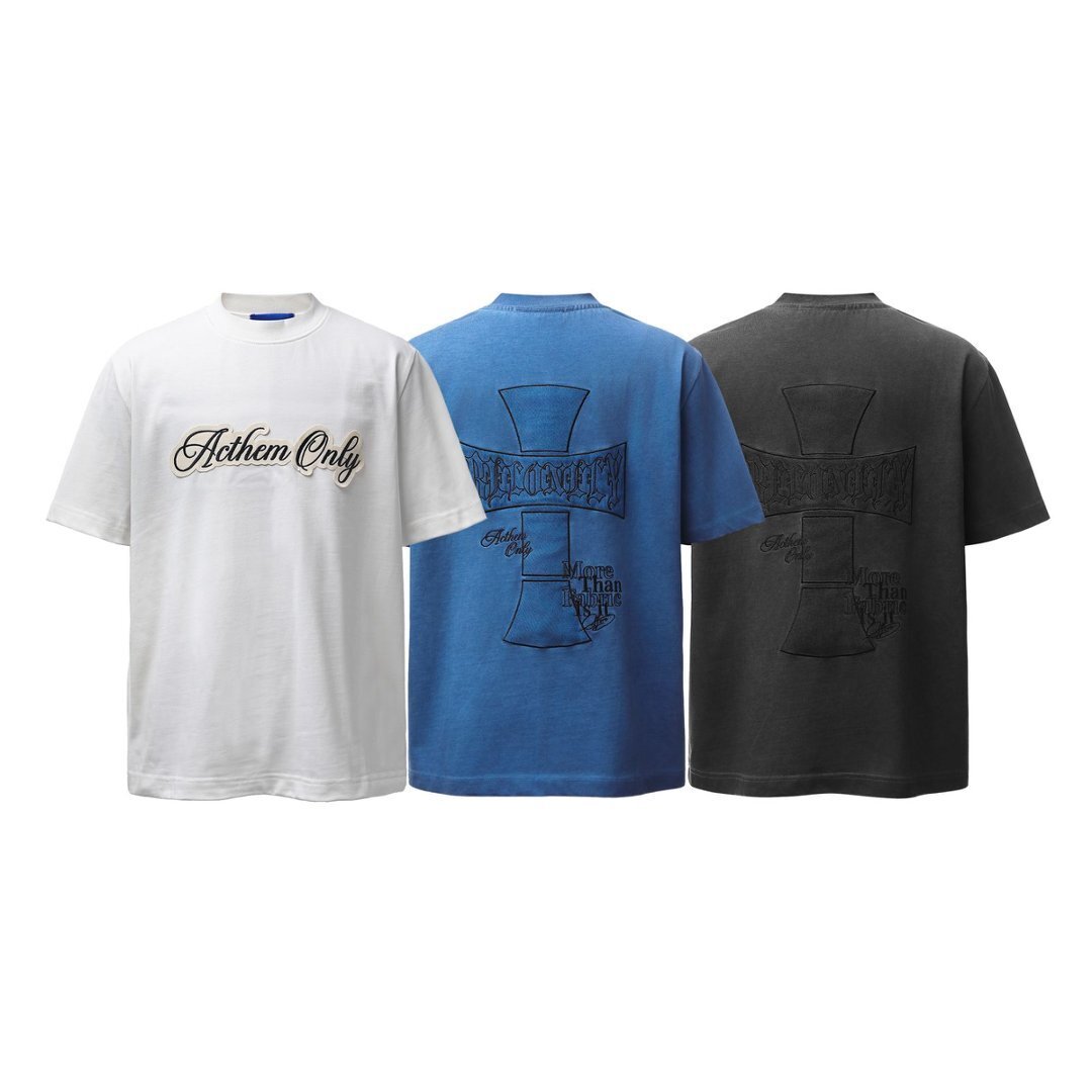 White Omirad Anthem Only T-Shirt with embroidered cursive script patch on the front chest