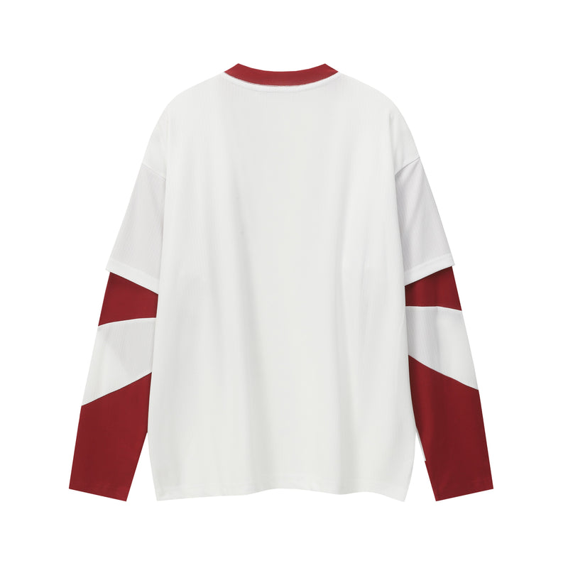 Back view of white mesh hockey jersey with red collar and red sleeve panels