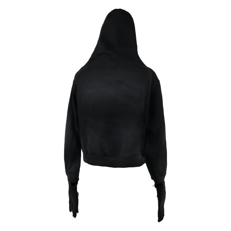 Black hoodie back view with attached face mask and long sleeves