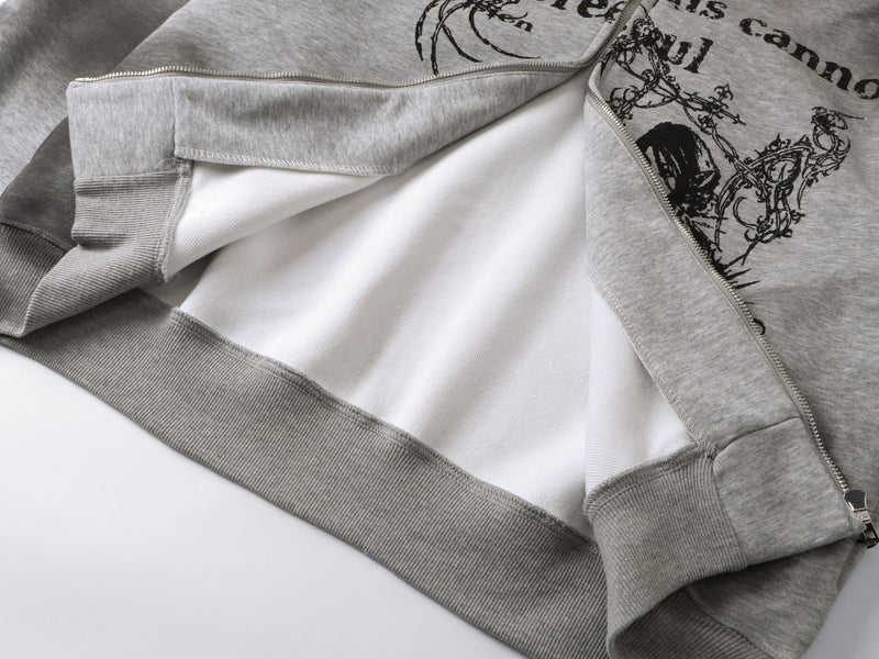 Open gray hoodie showing white inner lining, front zipper, and printed chest panel
