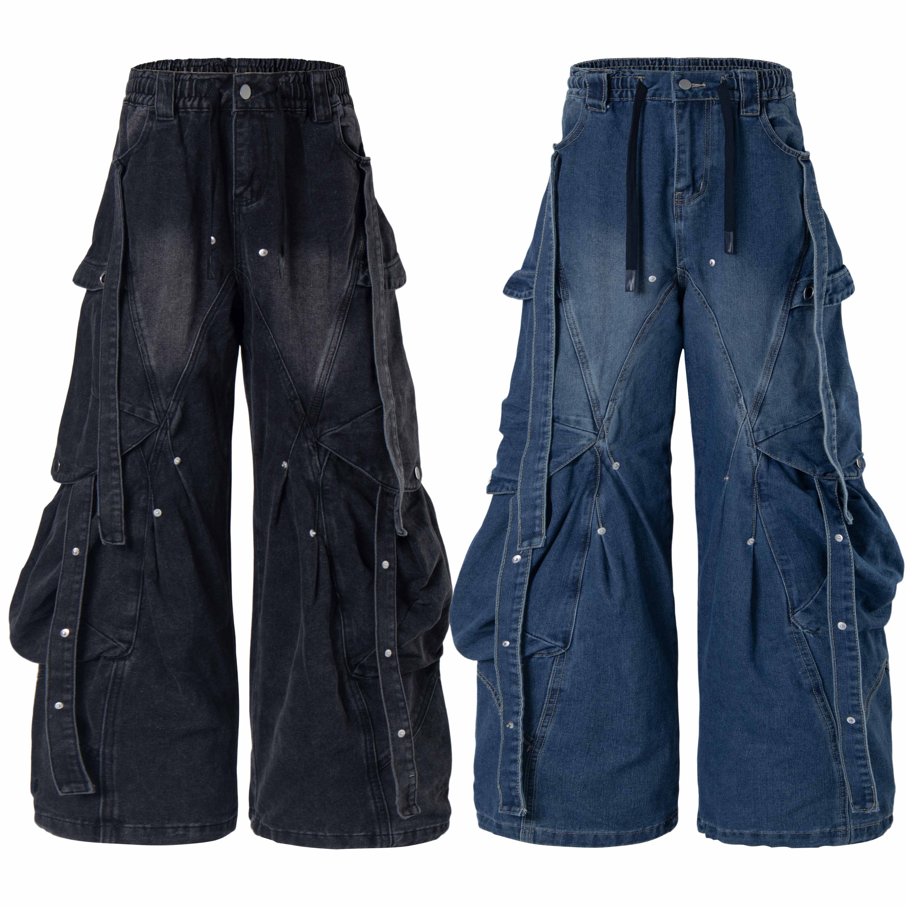 Omirad multi-pocket baggy cargo denim jeans in washed black and blue, front view showing wide-leg fit and utility pockets