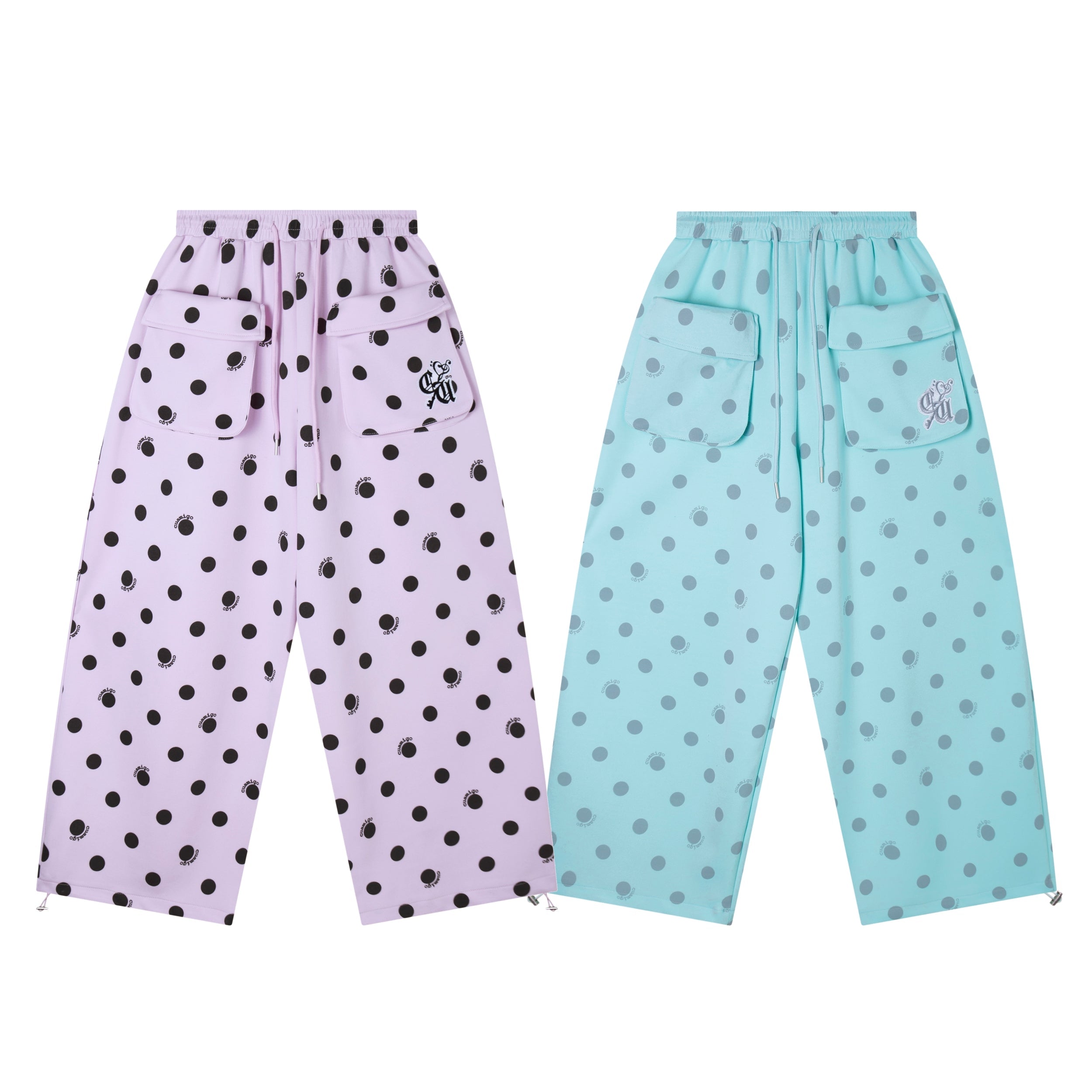 Omirad polka dot wide-leg cargo pants in lavender with black dots and mint with grey dots, shown flat on white background