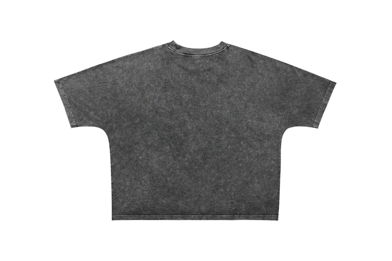 Vintage wash charcoal oversized graphic tee with relaxed boxy fit and crew neckline on white background