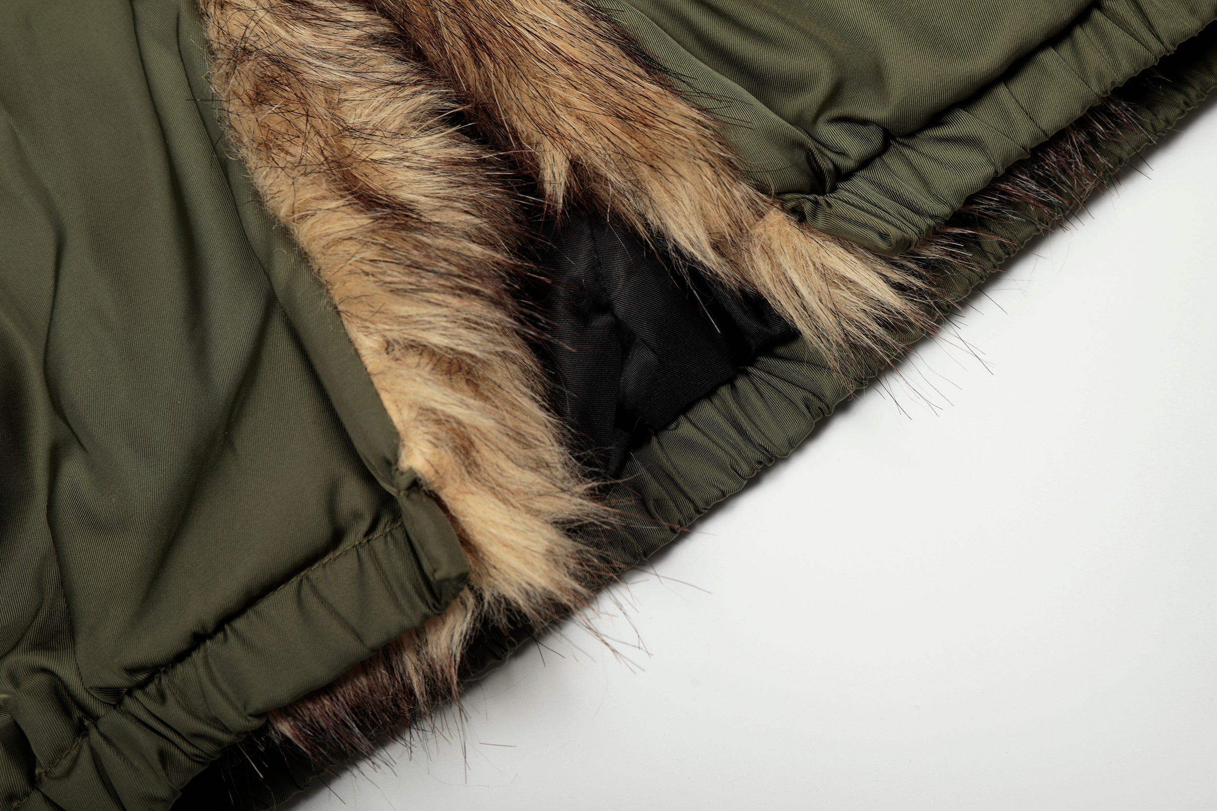 Faux Fur Trimmed Hooded Puffer Jacket | Army Green & Black