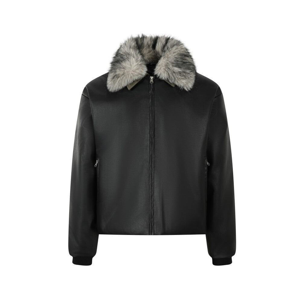 Black PU bomber jacket with detachable grey faux fur collar, zip-up front and ribbed cuffs, front view