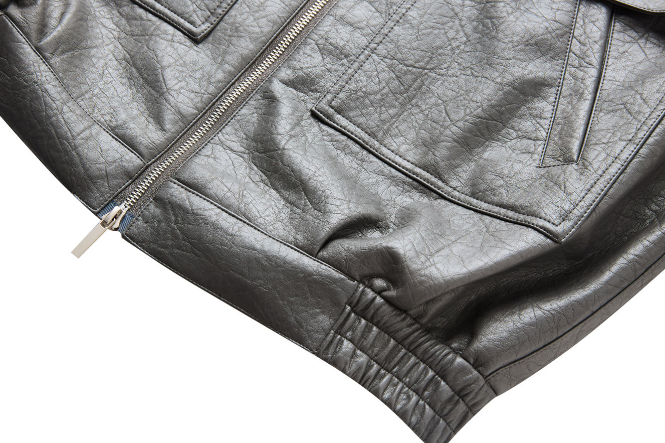 Men's Utility PU Leather Bomber Jacket | Oversized Fit