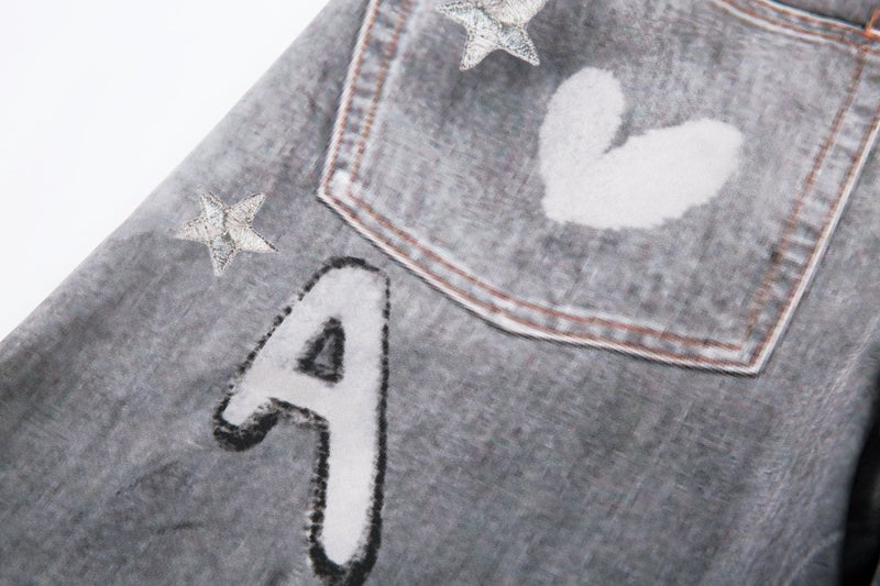 Cat Print Barrel Leg Jeans | Washed Grey Street Art Denim