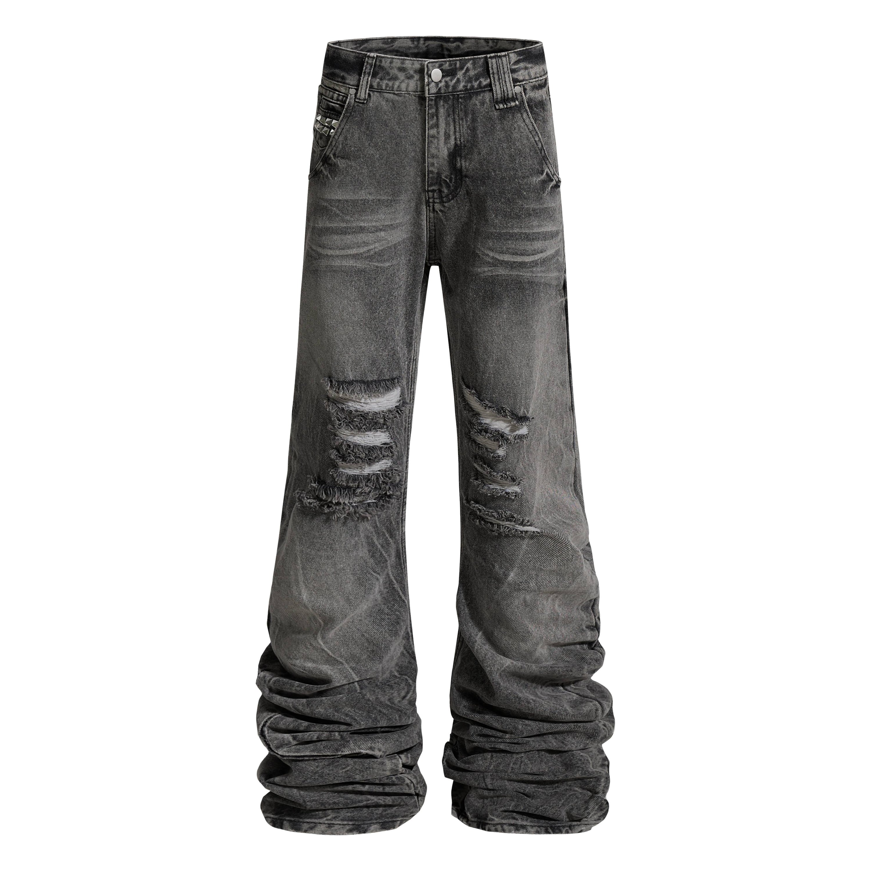 Distressed Studded Stacked Denim Pants | Streetwear Jeans