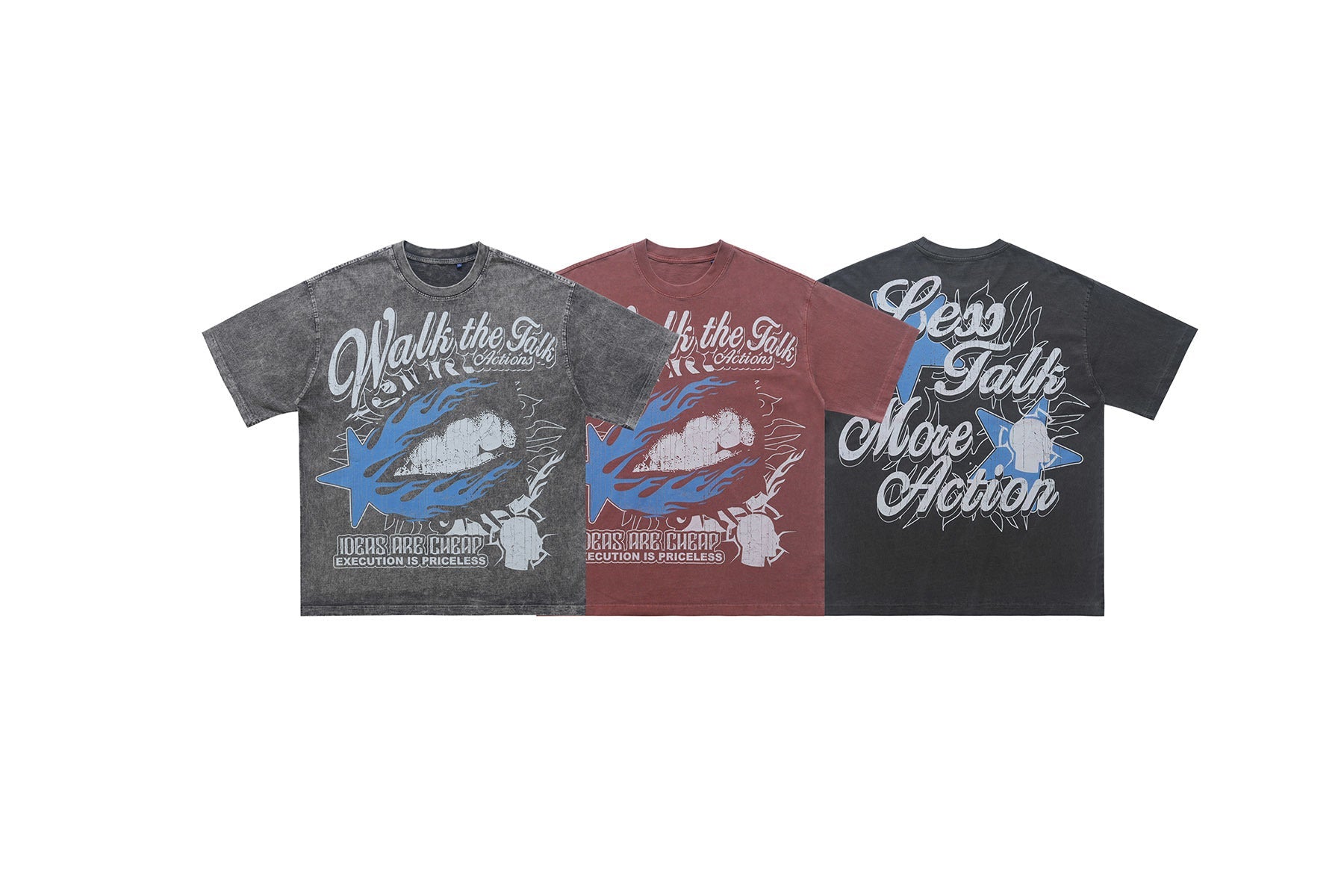 Acid-washed grey cotton graphic t-shirt with Walk the Talk script, flaming blue star and lip artwork on the front