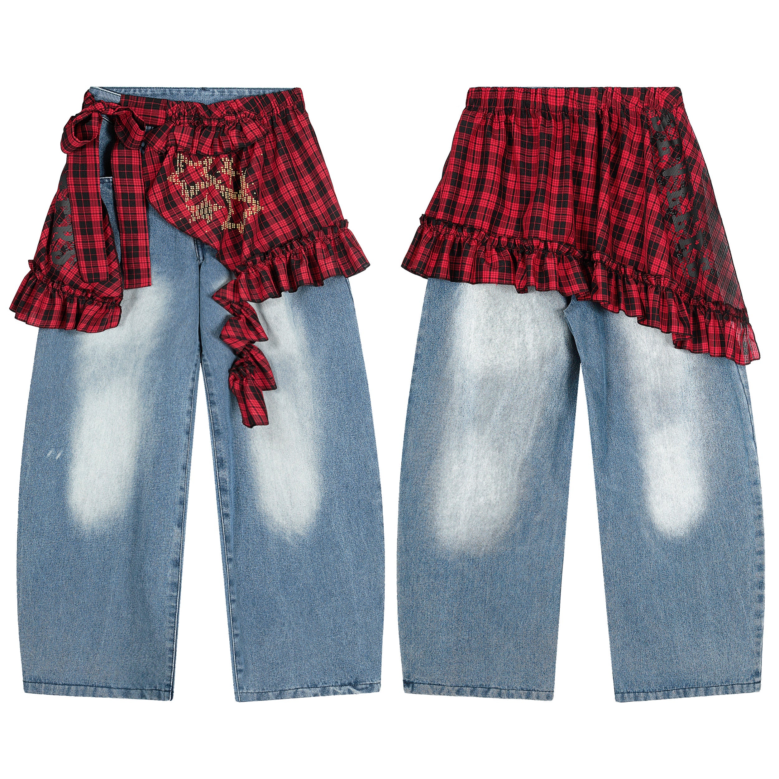 Front and back view of wide-leg washed denim pants with asymmetric red plaid ruffle overlay and tie-front detail
