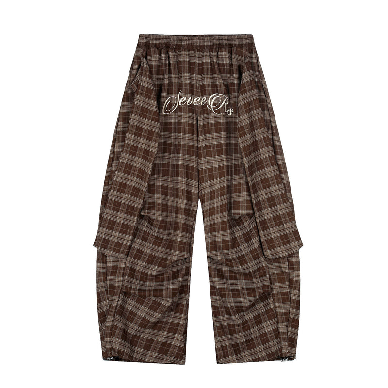 Omirad Brown Plaid Wide-Leg Pants | Streetwear Cargo Style