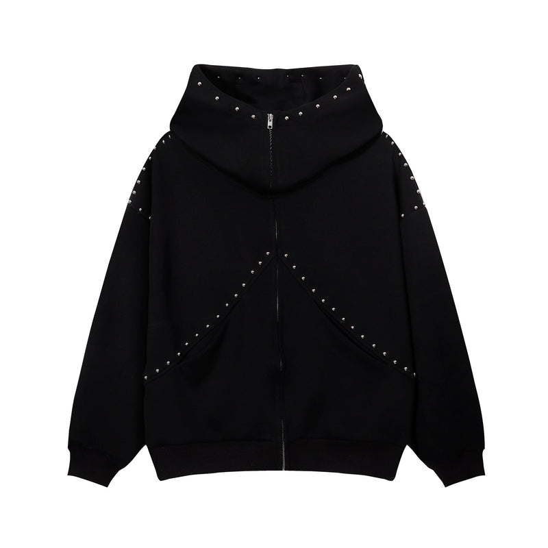 Black zip hoodie front view with curved studded seams and oversized hood