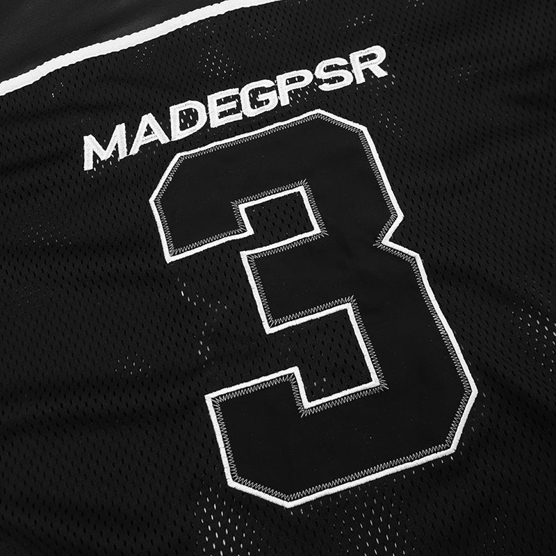 Black mesh oversized football jersey tee with bold white varsity number 3 and MADEGPSR lettering